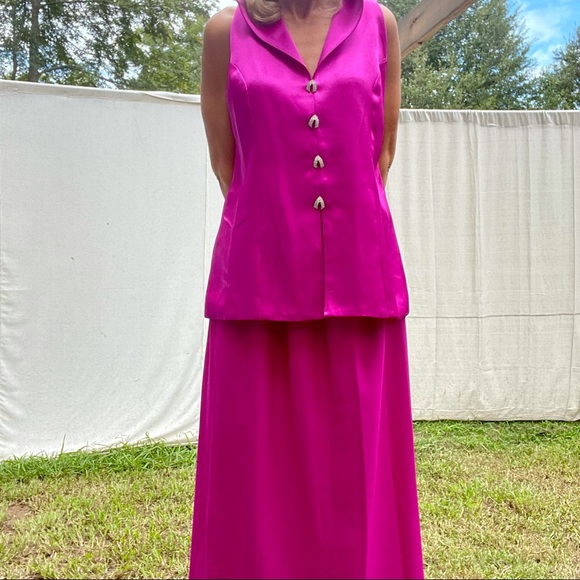 VTG PINK SATIN 3 Piece SUIT JACKET SKIRT & VEST RHINESTONES Dance Party - Picture 11 of 15